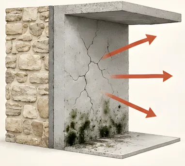 Coupe d’un mur ancien recouvert de ciment : fissures et moisissures, l’humidité reste piégée